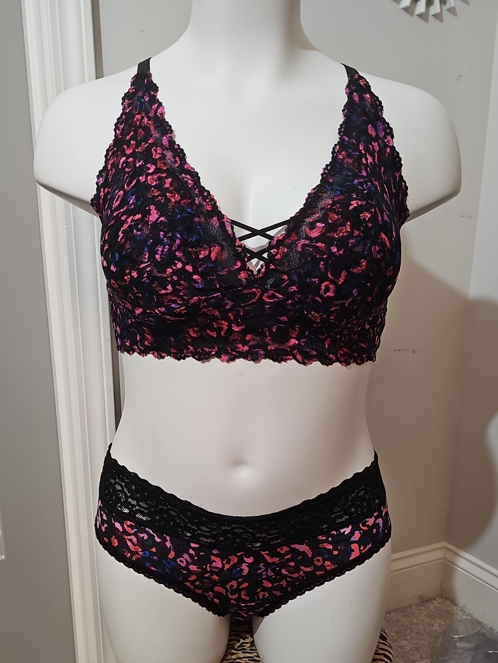 Lace Bralette & Hipster Set in Black with Pink Multi Accent